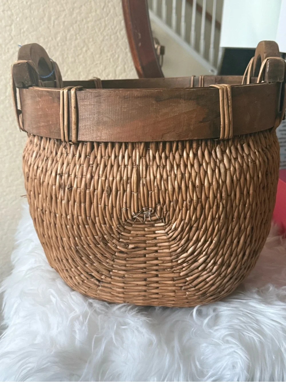 Antique Chinese Woven Willow Gathering Basket Medium Hand Carved Arched Handles